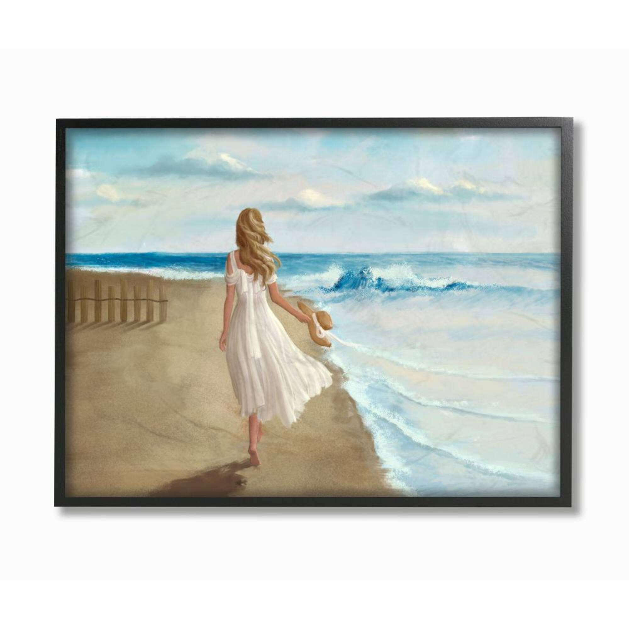 Stupell Industries Walk On The Beach Blue Ocean Painting in Black Frame Wall Art